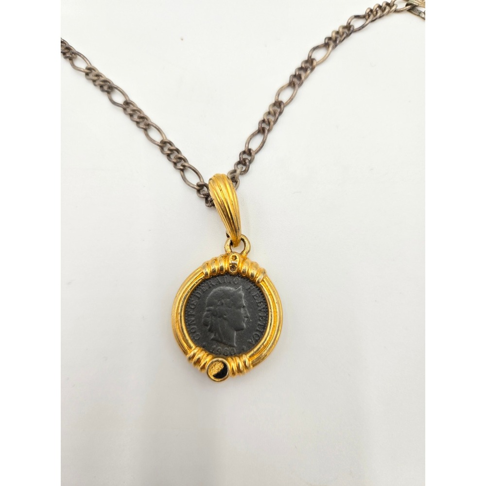 Nolan Miller Vintage 1980 Helvetica Coin‎ Pendant Mixed Metal Chain Necklace
